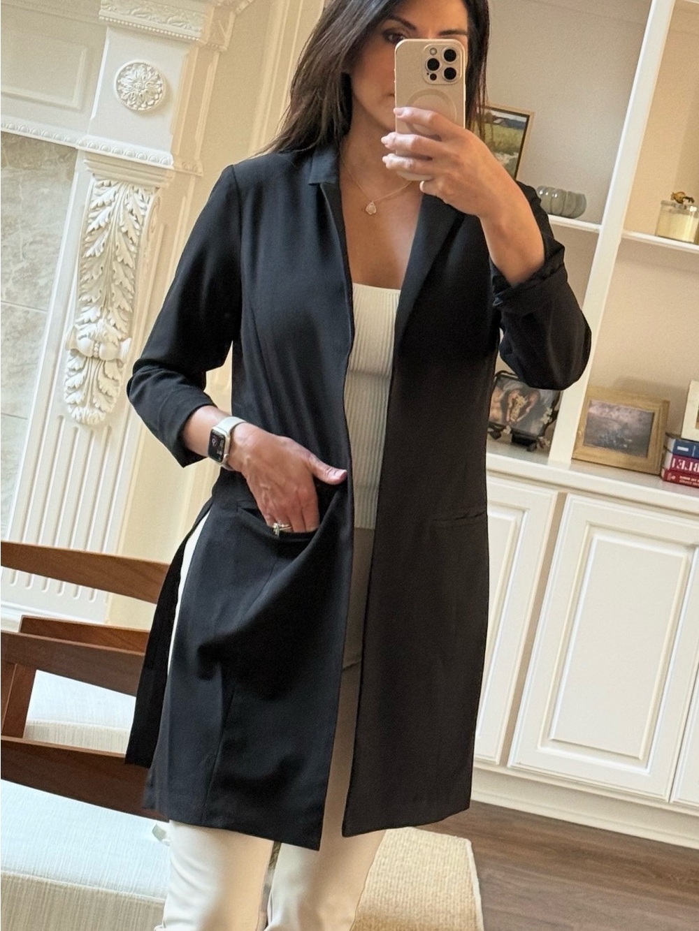 BCBGMAXAZRIA Black Longline Open Front Blazer Jacket | Size Small | Career Chic